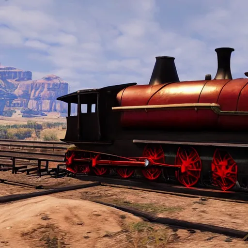 Image similar to futuristic sleek steam locomotive in red dead redemption 2