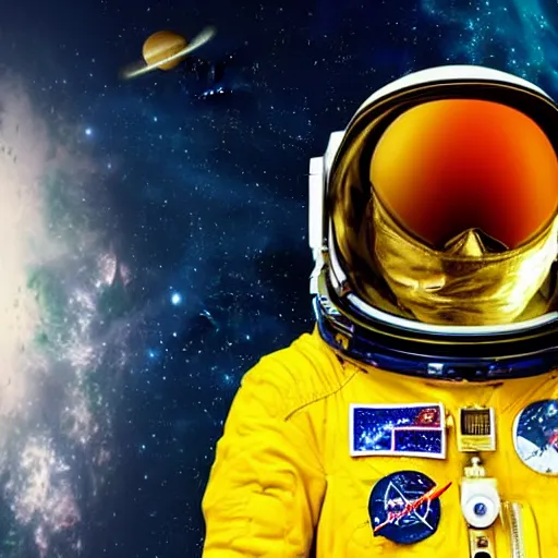 Image similar to astronaut in space, galactic background reflections on suit on one side and a yellow planet on the other side