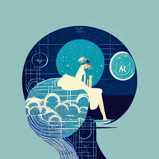 Image similar to a wandering mind, logo, simple white background victo ngai, kilian eng, flat, blue