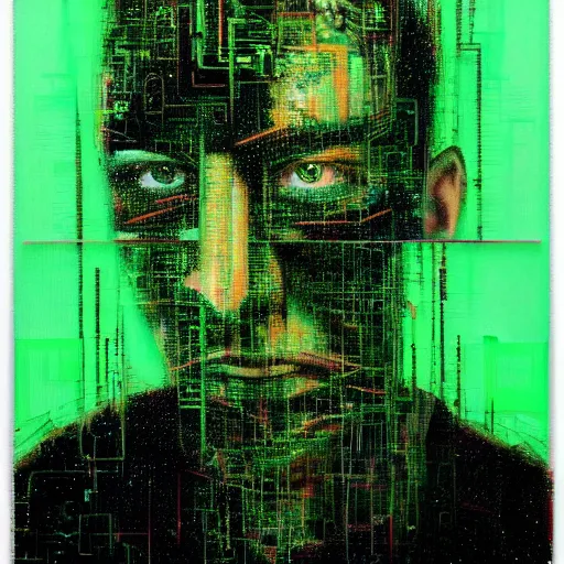 Prompt: hyperrealistic portrait of a cyberpunk teenager, male, confident, cybernetics, immersed within a glitch network, by Guy Denning, Metzinger, Russ Mills, glitch art, hyper focus, fine detail, hacking effects, digital tech effects, chromatic, color blocking!, green, acrylic on canvas, concept art, abstract, trending on cgsociety, trending on artstation