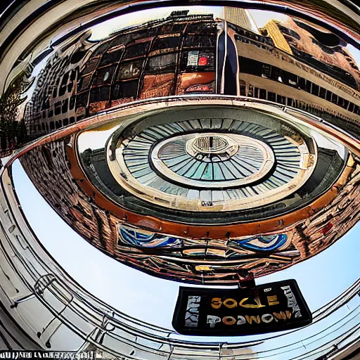 Image similar to sole of a boot about to step down, worms view, looking up, times square, sun spot, fisheye, hyperrealistic