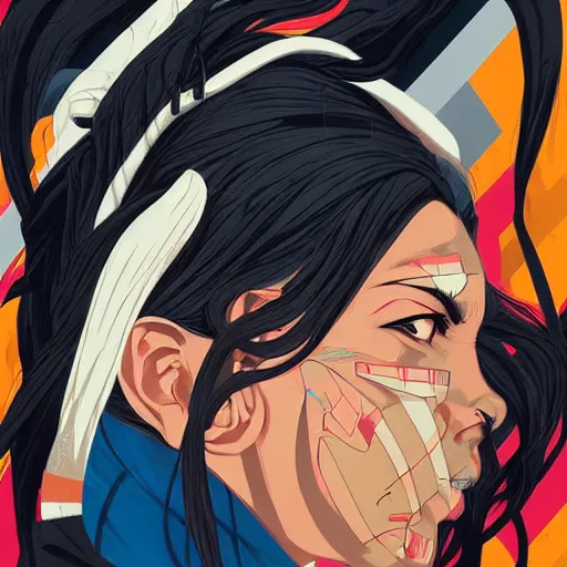 Prompt: Ibuki profile picture by Sachin Teng, asymmetrical, Organic Painting , Violent, Dark, Powerful, geometric shapes, hard edges, street fighter 3rd strike, graffiti, street art:2 by Sachin Teng:4