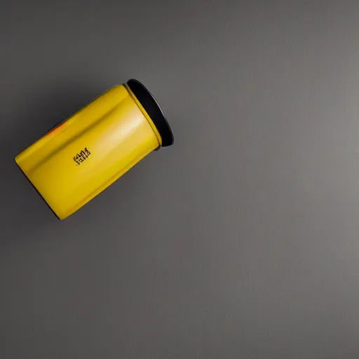 Prompt: yellow coffee mug, mugs surface is similar to a rimowa aluminium suitcase, mug is full of steaming coffee