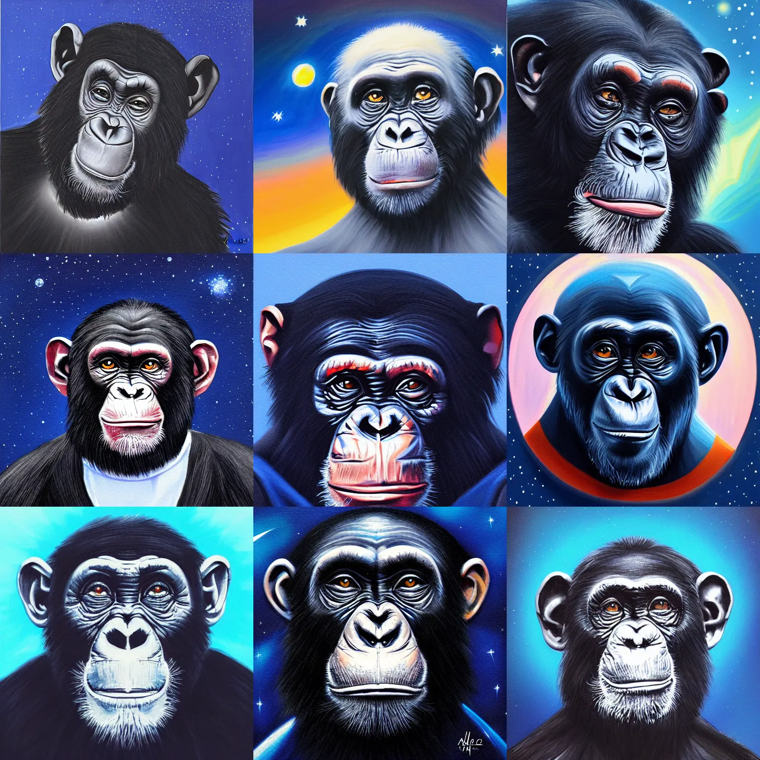 Prompt: portrait painting of chimpanzee in space, stars in the background, dark blue background, trending on artstation