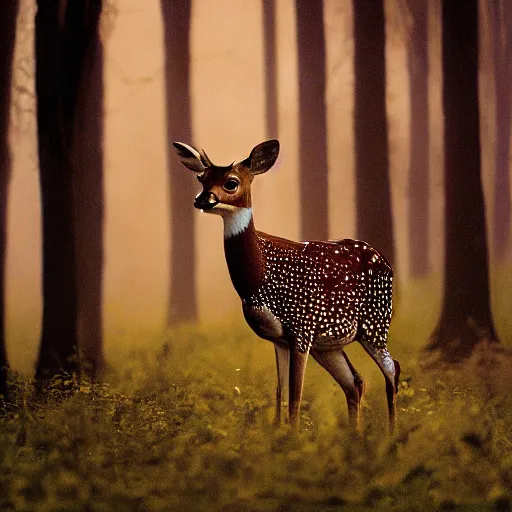 Image similar to a beautiful spotted deer in the woods lit by the morning sky, sunrise, chital, photorealistic, by annie leibovitz and steve mccurry, natural light, canon eos c 3 0 0, ƒ 1. 8, 3 5 mm, 8 k, medium - format print