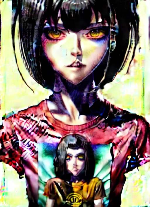 Image similar to richly detailed colored pencil 3 d illustration woman silky straight black hair with iridescence wearing nirvana logo tshirt and short black shorts, she staring at the camera happily art by range murata and artgerm.