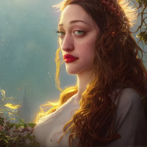 Image similar to Hyper realistic detailed portrait of Kat Dennings, Stephen Bliss, unreal engine, fantasy art by Greg Rutkowski, Loish, Rhads, ferdinand knab, Makoto Shinkai and Lois van baarle, ilya kuvshinov, rossdraws, Tom Bagshaw, alphonse mucha, global illumination, radiant light, detailed and intricate environment, highly detailed, award winning art