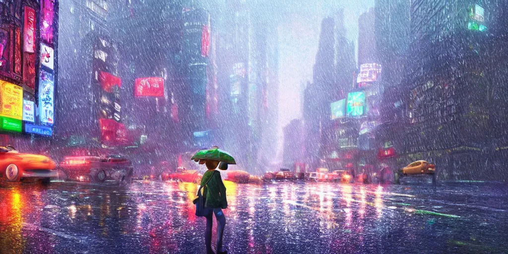 Image similar to a film still trough a raincovered window on a rainy but colourful day in new york. sparkling lights, wide shot, frog perspective, wes anderson, studio ghibli, pixar and disney animation, sharp, rendered in unreal engine 5, anime key art by greg rutkowski, bloom, dramatic lighting