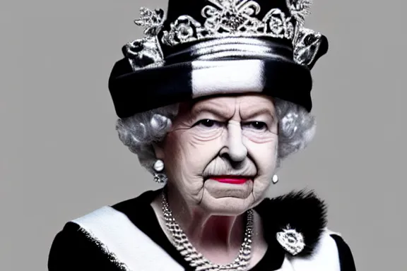 Image similar to a black and white cat dressed up as queen elizabeth