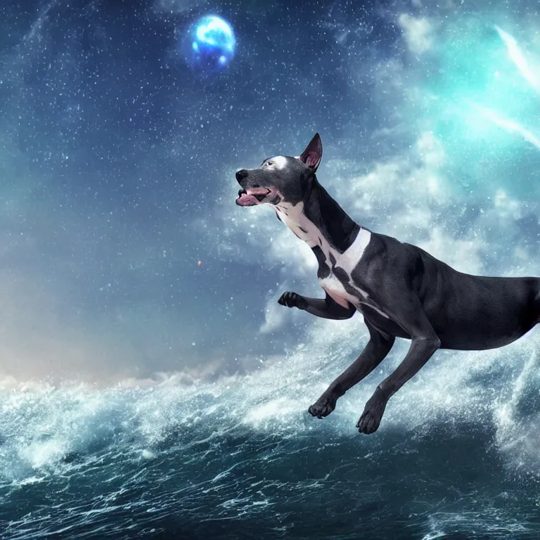 Image similar to photo of a skinny dark gray coat pit bull with a white paws and a white nose!, surfing on a surfboard in a crashing wave of alien galaxy, trending on art station, ocean in space, background is an alien galaxy, aliens in the background, alien colors, octane render, unreal engine, wide view, 8 k, highly detailed