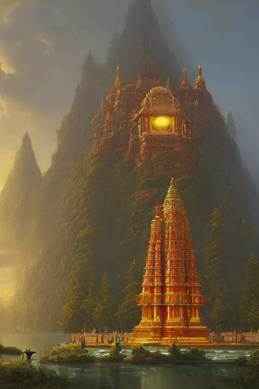 Prompt: A beautiful Hindu temple by Simon Stålenhag and Albert Bierstadt, oil on canvas