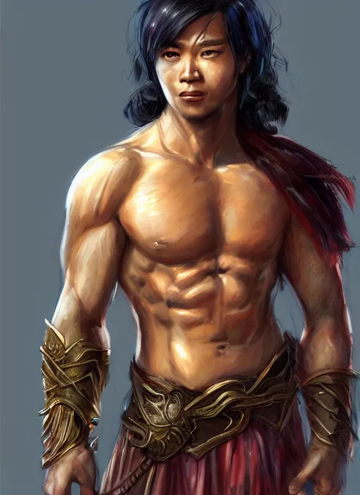 Image similar to muscly asian man mid parted hair, dndbeyond, bright, colourful, realistic, dnd character portrait, full body, pathfinder, pinterest, art by ralph horsley, dnd, rpg, lotr game design fanart by concept art, behance hd, artstation, deviantart, hdr render in unreal engine 5