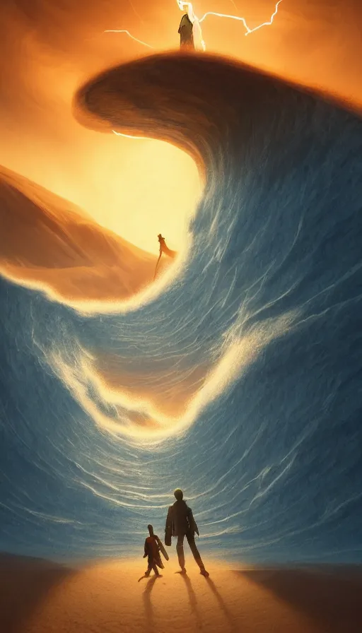 Image similar to a glowing magical portal inside a big wave made of sand fantasy desert, portal, a man watching over, lightning, sandstorm, by caspar david friedrich by james gilleard and justin gerard, artstation, smooth, sharp focus, by jean baptiste, octane render