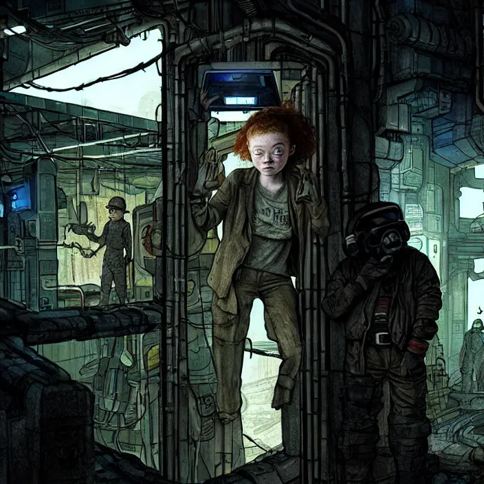 Prompt: tired sadie sink as a miner waits in a queue to a scifi cube room. set outside a coal mine. storyboard, scifi cyberpunk. by gabriel hardman, joe alves, chris bonura. cinematic atmosphere, detailed and intricate, perfect anatomy