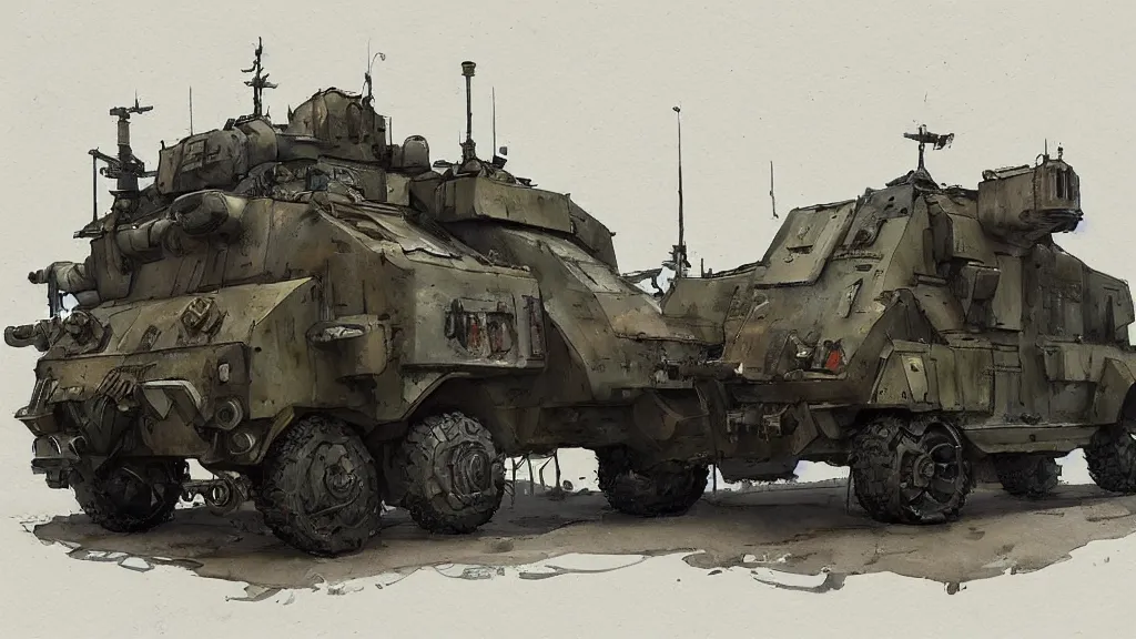Prompt: overview of dieselpunk armored personnel carrier, watercolored, jakub rozalski, dark colours, dieselpunk, artstation