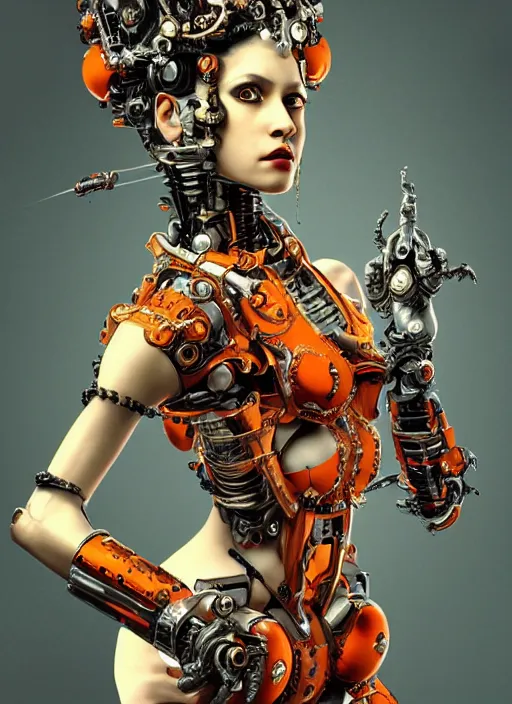 Image similar to full-body rococo and cyberpunk style sculpture of a young seductive Latina princess half android with a chest exposing circuitry, glowing orange seductive laser eyes, crown of red sparks and diamonds, swirling orange-colored silk fabric, robotic raptors. baroque elements. full-length view. intricate artwork by caravaggio. art by Artgerm and Greg Rutkowski and Alphonse Mucha, Trending on artstation, cinematic industrial lighting, hyper realism, octane render, 8k, depth of field, 3D