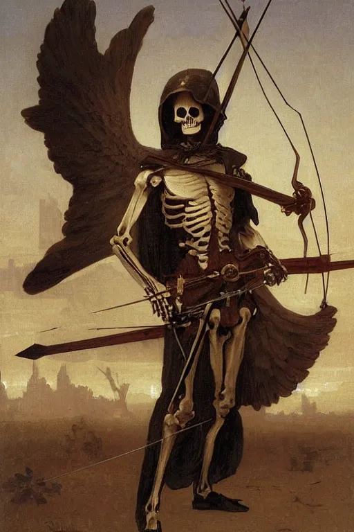 Image similar to portrait of a skeleton archer with bow and arrow in the middle world, wearing helmets with wings, wearing european style armor, holding a sword in both hands, symmetrical, solemn, sacred, aura, by bouguereau