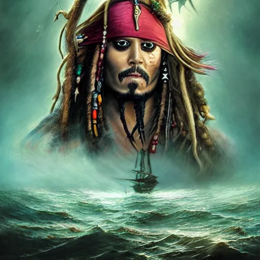 Prompt: a hyperrealistic illustration of Captain Jack Sparrow as Davy Jones, Face hybrid of Davy Jones and Jack Sparrow, Pirates of the Caribbean Ship with fractal sunlight in the Background, award-winning, masterpiece, in the style of Tom Bagshaw, Cedric Peyravernay, Peter Mohrbacher