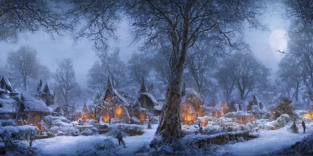 Image similar to Lothlórien with elven homes during winter, evening, detailed matte painting, cinematic, Alan Lee, Artstation