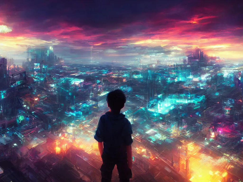 Image similar to a painting of a boy on top of a building watching a colorful sunrise futuristic city surrounded by clouds, cyberpunk art by yoshitaka amano and alena aenami, cg society contest winner, retrofuturism, matte painting, apocalypse landscape, cityscape