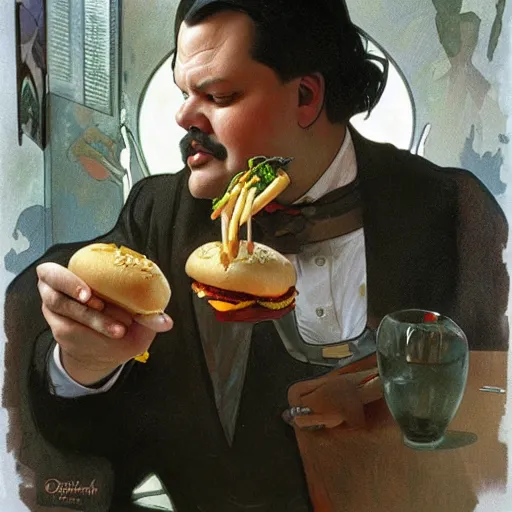 Image similar to amazing lifelike award winning pencil illustration of Orson Welles eating Hamburgers trending on art station artgerm Greg rutkowski alphonse mucha cinematic