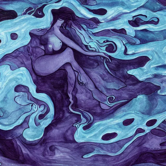 Prompt: dark purple, a female art student falling asleep, misty, iceberg, black paint, dark, sensual, dreamy, waves, swirls, blue drips, fish, blueberries, octopus, neo - impressionist, surrealism