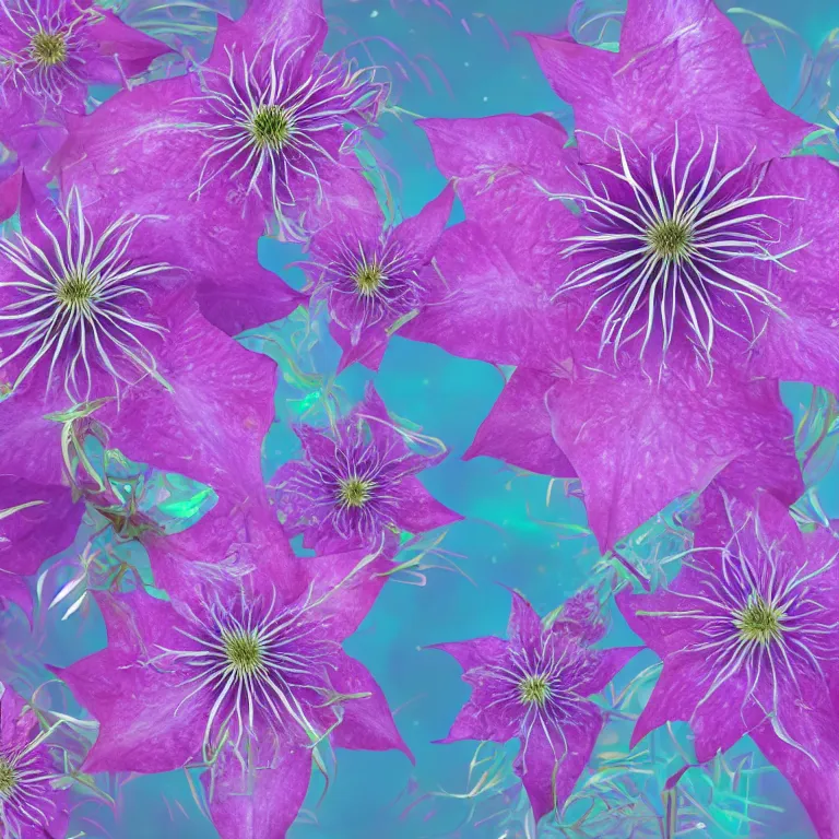 Image similar to clematis theme logo, clematis theme banner, clematis design, clematis in the deep sea, clematis like stars in the sky, trending on artstation, warm light, lovely and cute, fantasy art, 8 k resolution, highly detailed, pattern with optical illusion