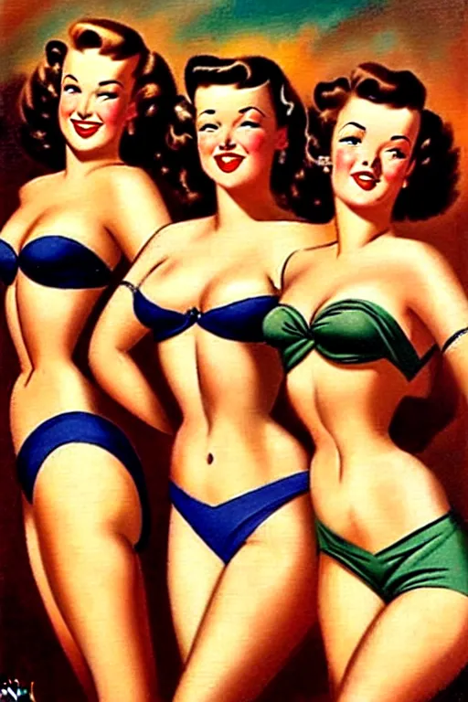 Prompt: 1940s group of pinup bikini girls drinking beer in a 1940s Aussie pub, oil painting, by Gil Elvgren