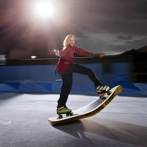 Prompt: cate blanchett skateboarding on a half pipe. photojournalism, wide angle lens, extremely detailed face, studio lighting