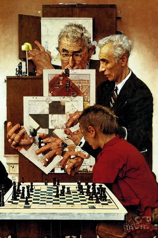 Image similar to franco battiato playing chess painted by norman rockwell