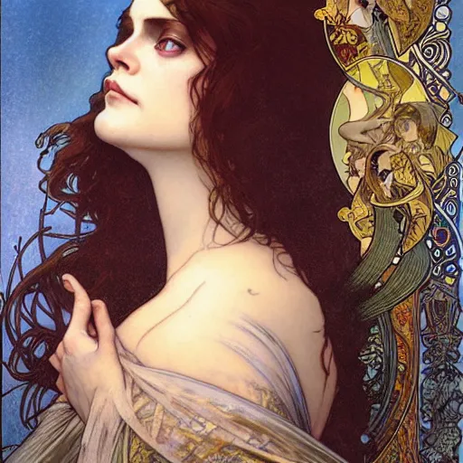 Prompt: realistic detailed face portrait of Theda Bara by Alphonse Mucha, Ayami Kojima, Amano, Charlie Bowater, Karol Bak, Greg Hildebrandt, Jean Delville, and Mark Brooks, Art Nouveau, Neo-Gothic, gothic, rich deep colors