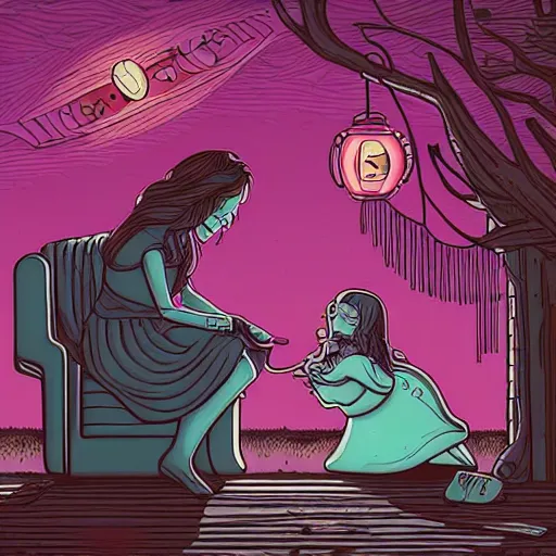 Prompt: a mother singing lullabies to a little cute sleepy girl by Dan Mumford