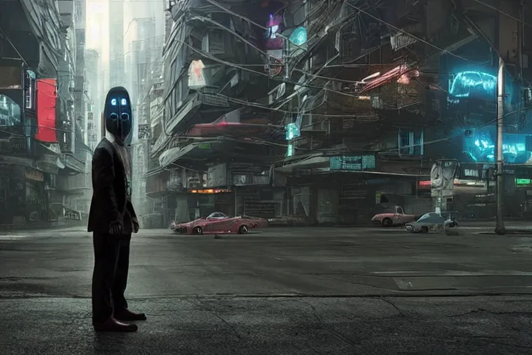 Prompt: Mysterious cyberpunk man standing in the middle of a sci-fi future street photo by Gregory Crewdson, a city on the Moon