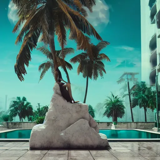 Prompt: a broken statue in a surreal underground white tiled swimming pool surrounded by neon lights and palm trees in vapor wave style, trending on artstation, 3D octane render, hyperrealistic, dramatic lighting, unreal engine, glowy, 8k, 4k, raytracing