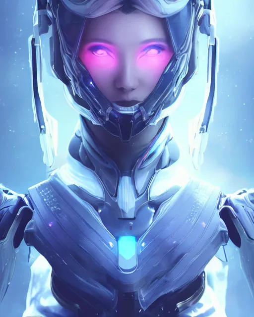 Image similar to perfect android girl on a mothership, warframe armor, beautiful face, scifi, futuristic, galaxy, nebula, raytracing, dreamy, long white hair, blue cyborg eyes, sharp focus, cinematic lighting, highly detailed, artstation, divine, by gauthier leblanc, kazuya takahashi, huifeng huang