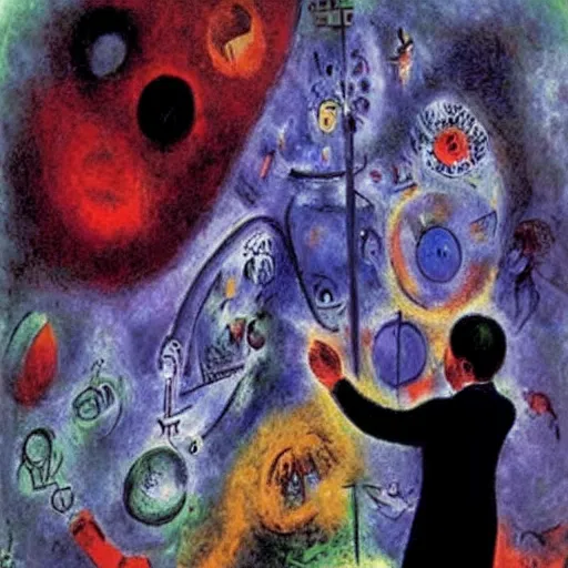 Image similar to A installation art. A rip in spacetime. Did this device in his hand open a portal to another dimension or reality?! by Marcel Chagall ✨