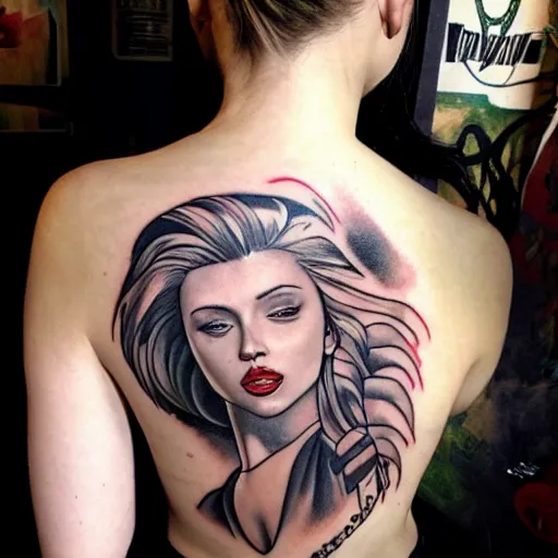 Image similar to tattoo of Scarlett Johansson, by Loish, back tattoo