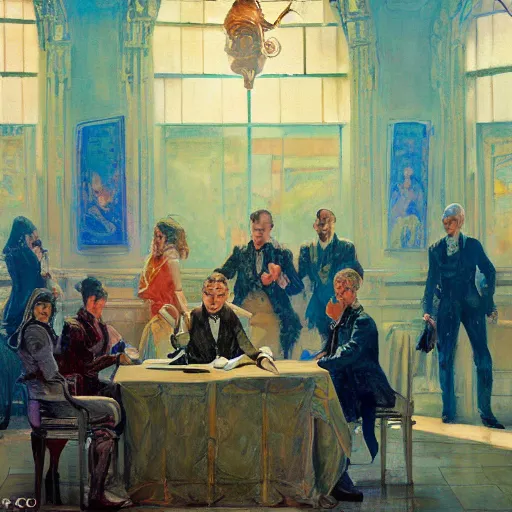 Prompt: robots signing the united states constitution in the style of howard chandler christy oil on canvas bright colors, art nouveau, epic composition, dungeons & dragons fantasy art, hd, god rays, ray tracing, crisp contour lines, huhd 8 k