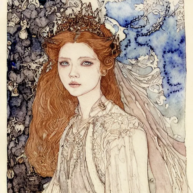 Image similar to a detailed, intricate watercolor and ink portrait illustration with fine lines of young 1 4 year old scarlett johannson looking over her shoulder as a fairytale princess, by arthur rackham and edmund dulac and lisbeth zwerger