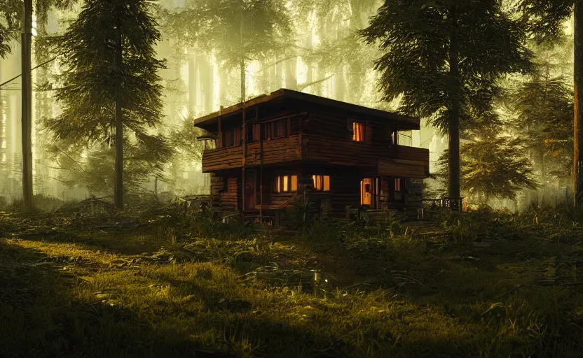 Prompt: photorealistic cyberpunk cabin in a lush forest. daylight. light fixtures. 8K. detailed. photorealism. artstation. 25mm f/1.7 ASPH Lens. ultra realistic