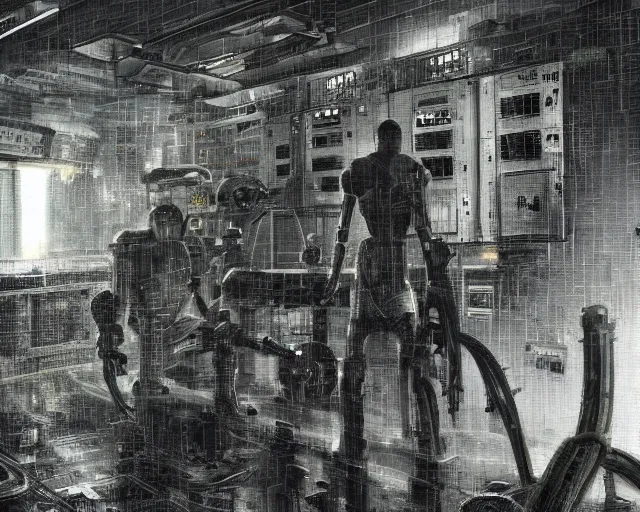 Image similar to gloomy colossal ruined server room in datacenter robot figure automata headless robot knight welder posing pacing fixing soldering mono sharp focus, emitting diodes, smoke, artillery, sparks, racks, system unit, motherboard, by pascal blanche rutkowski artstation hyperrealism painting concept art of detailed character design matte painting, 4 k resolution blade runner