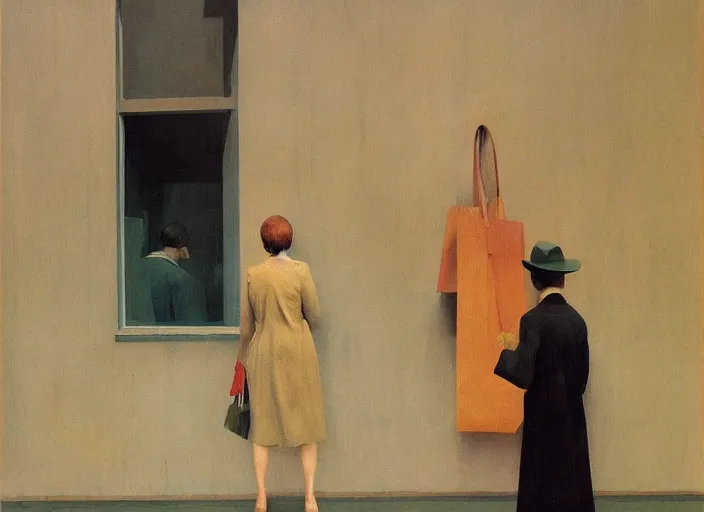 Image similar to people in paper bags at store display Edward Hopper and James Gilleard, Zdzislaw Beksinski, highly detailed