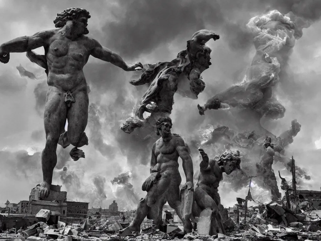 Image similar to giant greek statues attacking a city, city destruction ruins, debris flying around, swirls of fire