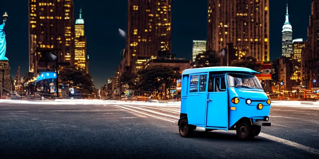 Image similar to an open frame blue tuk tuk going through a desolate manhattan city street at night, statue of liberty seen in the background, realistic 4 k octane beautifully detailed render, 4 k post - processing, highly detailed, detailed face, intricate complexity, epic composition, magical atmosphere, cinematic lighting, masterpiece, color picture, ultra hd