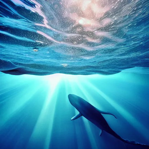 Image similar to underwater ocean, many whales, cosmos, pod, family, swimming to surface, calm, photograph, realistic, peaceful, light rays, beautiful, majestic, dapple, camera angle from below, distance,