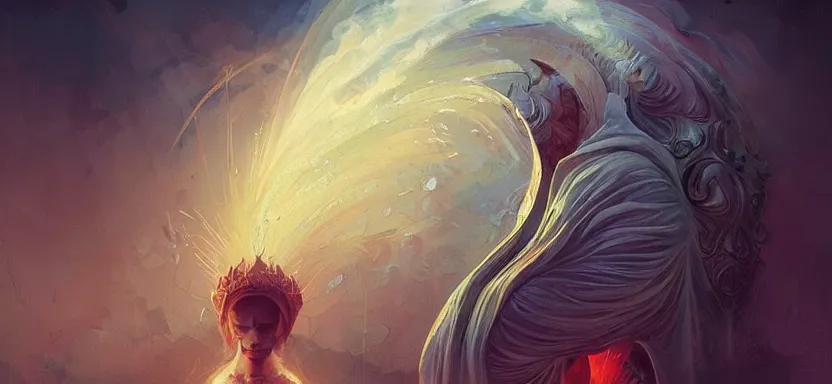 Image similar to sacred magician, epic, magic light, ghosts, acanthus scroll, ceremonial clouds, dripping paint, fibonacci rhythm, artstation, art germ, wlop, karol bak, christopher balaskas, ross tran