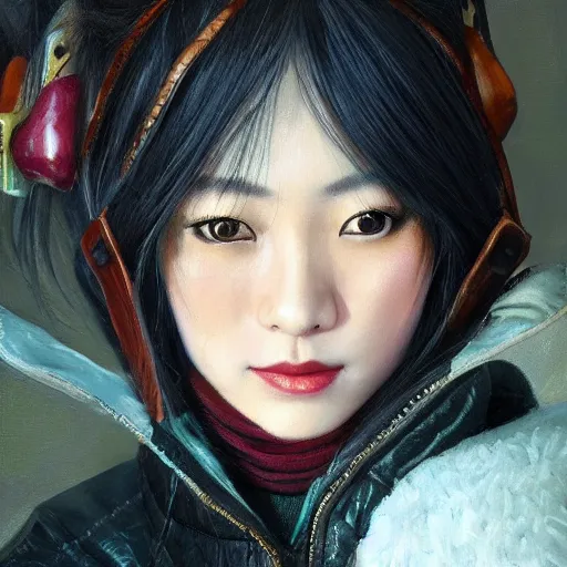 Image similar to perfect, realistic oil painting of close-up japanese young woman wearing leather jacket, in Guild Wars