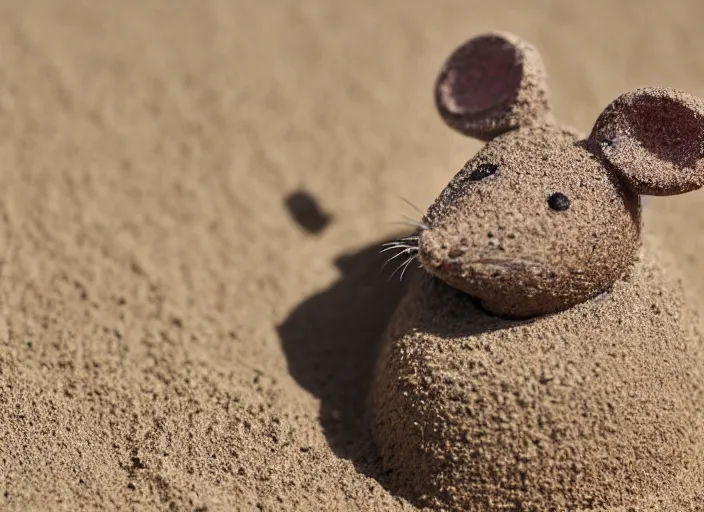 Prompt: dslr photo still of a mouse inside a perfect sandcastle, 8 k, 8 5 mm f 1. 4