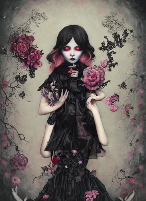 Image similar to pop surrealism, lowbrow art, realistic cute gothic black dress fashion painting, japanese street fashion, hyper realism, muted colours, rococo, natalie shau, loreta lux, tom bagshaw, mark ryden, trevor brown style,