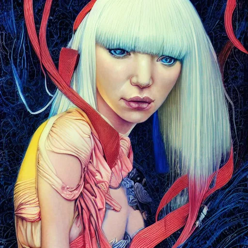 Image similar to portrait of crazy beautiful singer sia kate isobelle furler, big ribbon, ymmetrical, by yoichi hatakenaka, masamune shirow, josan gonzales and dan mumford, ayami kojima, takato yamamoto, barclay shaw, karol bak, yukito kishiro